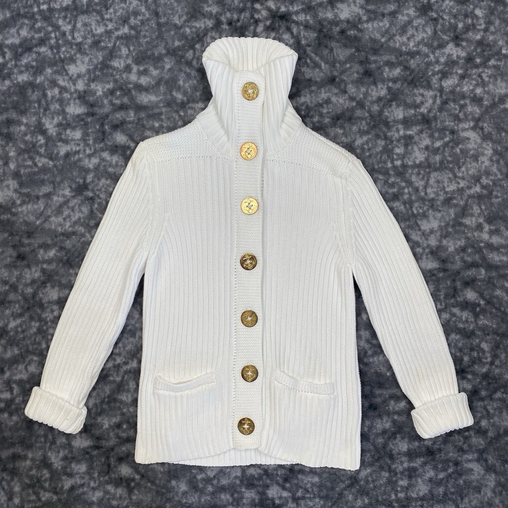 Ralph Lauren Rib Knit Cardigan Womens Size Small White Sweater Gold Buttons